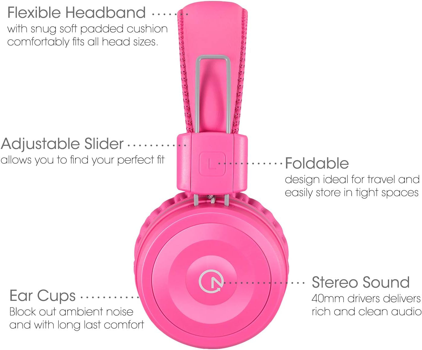 K22 Kids Headphones Wired 3.5Mm Jack, Foldable, Flamingo Pink