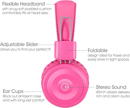 K22 Kids Headphones Wired 3.5Mm Jack, Foldable, Flamingo Pink