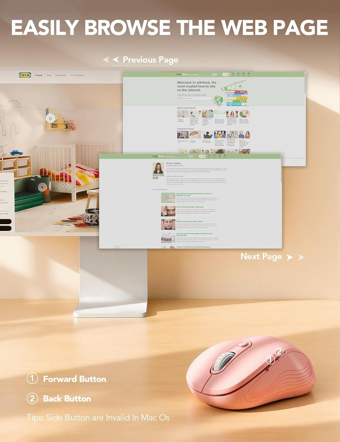 Wireless Mouse for Laptop, Ergonomic 6-Button Mouse, Baby Pink
