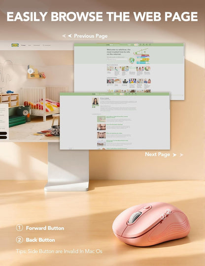 Wireless Mouse for Laptop, Ergonomic 6-Button Mouse, Baby Pink