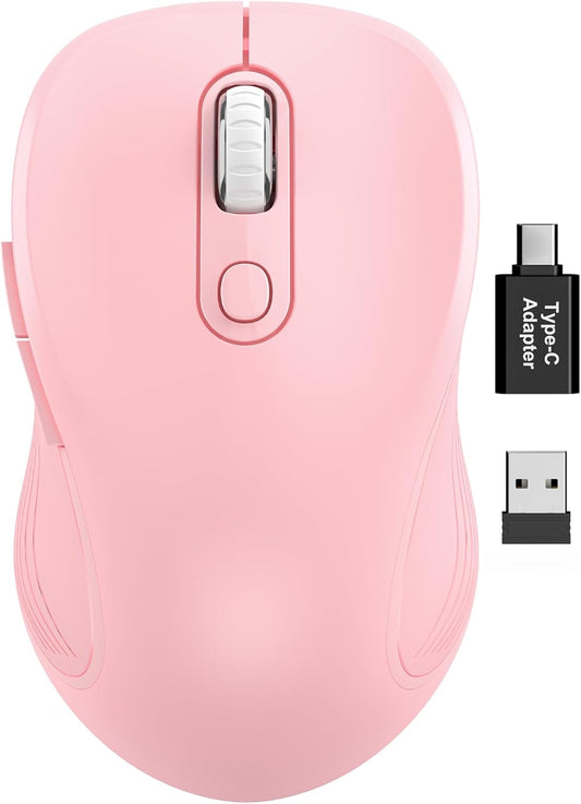Wireless Mouse for Laptop, Ergonomic 6-Button Mouse, Baby Pink