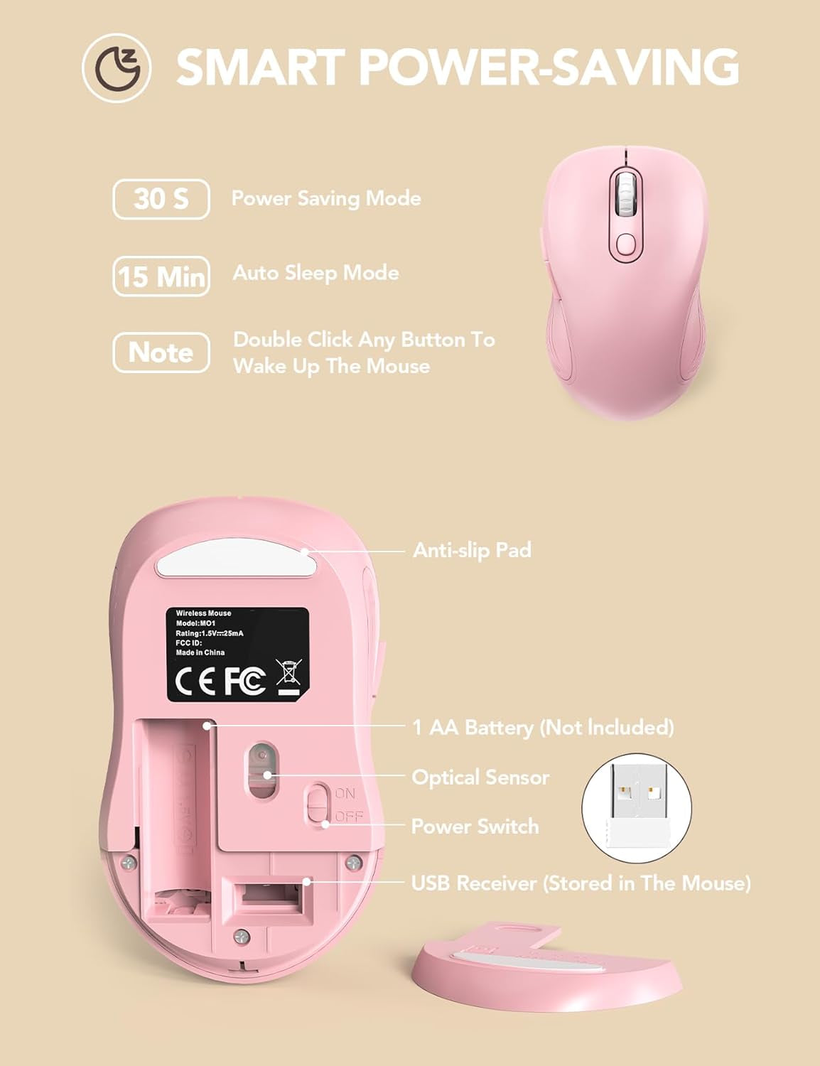 Wireless Mouse for Laptop, Ergonomic 6-Button Mouse, Baby Pink