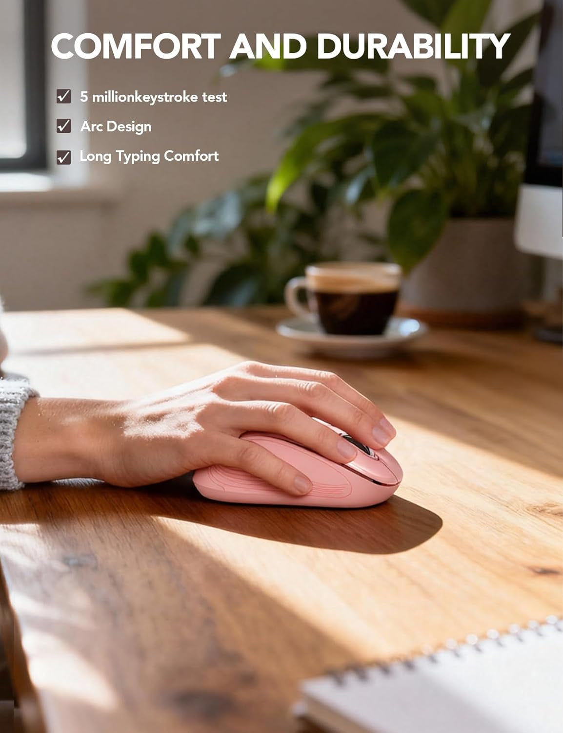 Wireless Mouse for Laptop, Ergonomic 6-Button Mouse, Baby Pink