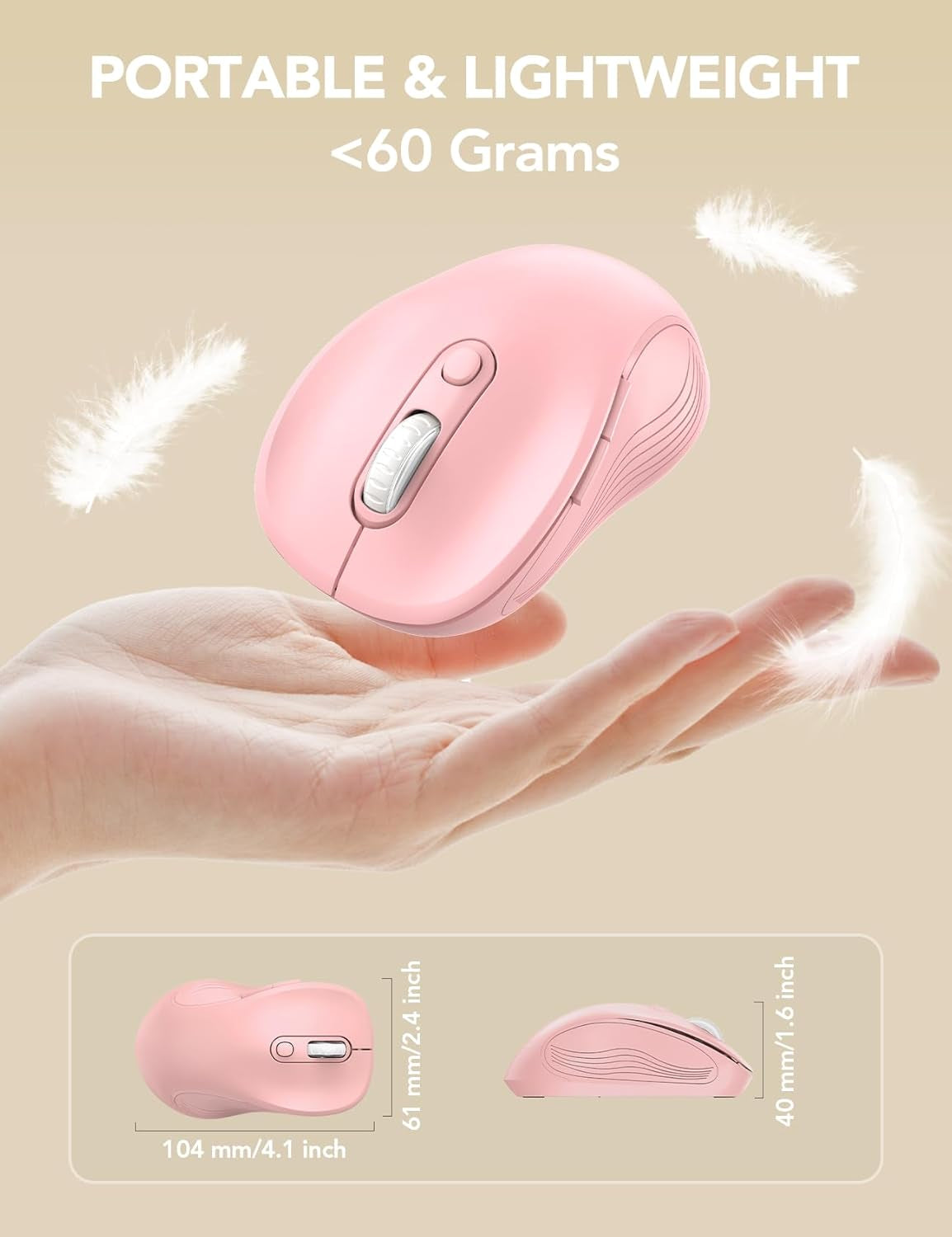 Wireless Mouse for Laptop, Ergonomic 6-Button Mouse, Baby Pink