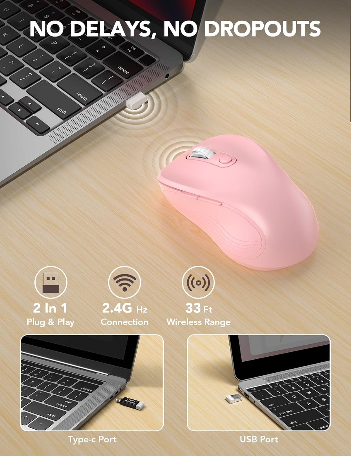 Wireless Mouse for Laptop, Ergonomic 6-Button Mouse, Baby Pink